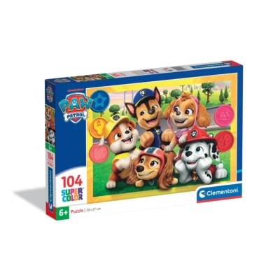 Puzzle PAW Patrol com 104 peças coloridas para crianças a partir dos 6 anos.