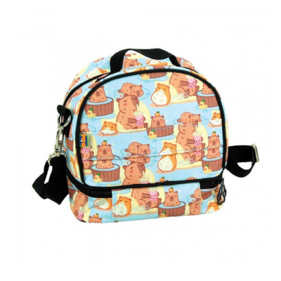 Mochila azul com padrão de ursos e hamsters em fundo branco