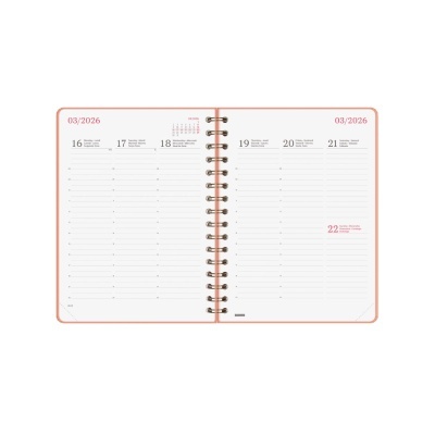 Agenda aberta cor de rosa com espiral mostrando datas de março 2026.