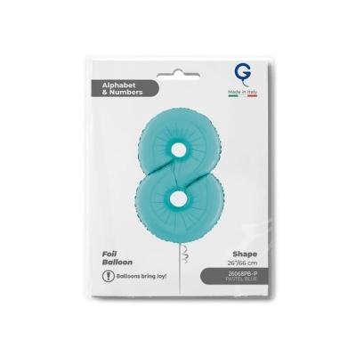 Balão azul pastel em forma de número 8 em embalagem branca com texto