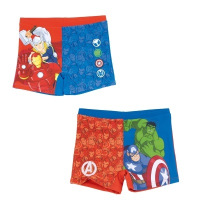 Calções de banho infantis com desenhos dos super-heróis Marvel Avengers em cores azul, vermelho e verde.