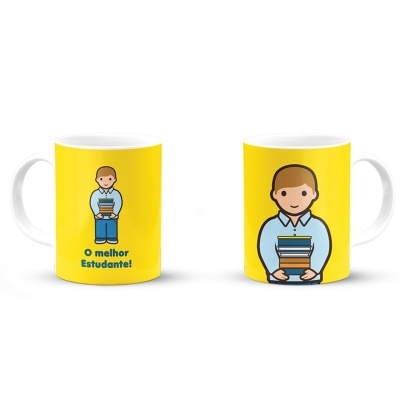 Caneca com fundo amarelo, ilustração de criança com livros e texto O melhor Estudante!