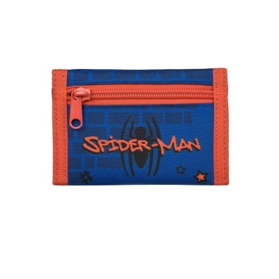 Carteira infantil azul e laranja Spider-Man com fecho e estampas de teia de aranha