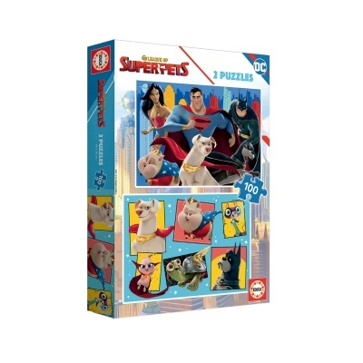Caixa de puzzle DC Super Pets com personagens e seus animais