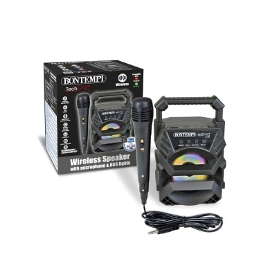 Coluna de som sem fios preta BONTEMPI com microfone e iluminação RGB em fundo branco