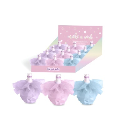 Garrafas decorativas coloridas com laços e expositor rosa