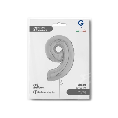Balão prateado em forma do número 9 em embalagem branca