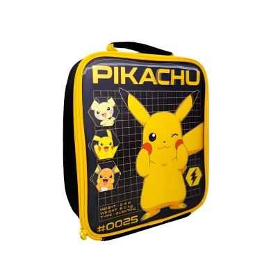 Mala quadrada preta e amarela com personagem Pikachu da Pokémon