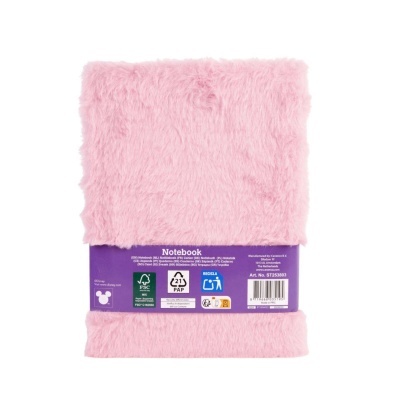 Caderno rosa com capa de pelo e embalagem violeta