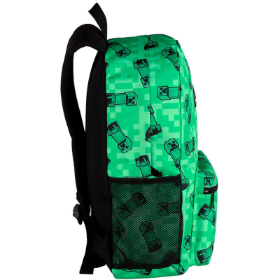 Mochila verde com padrão Minecraft e bolsos em malha preta