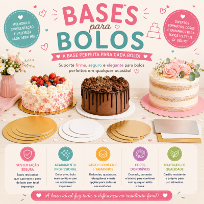 Bases para bolos em várias cores e formatos com três bolos decorados ao fundo e texto promocional em português.