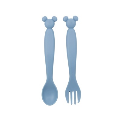Conjunto de talheres infantis azul com colher e garfo e pega decorada com orelhas redondas