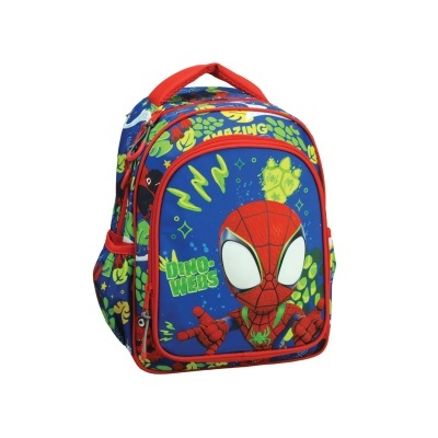 Mochila infantil Homem-Aranha azul e vermelha com texto AMAGING e HERO-WEBS