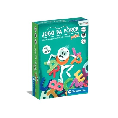 Embalagem verde do jogo de cartas JOGO DA FORCA pocket com letras coloridas e personagem desenhado