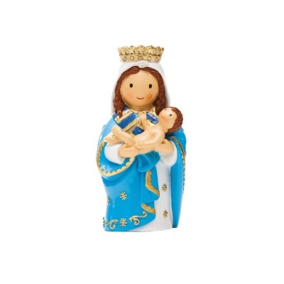 Estátua decorativa da Virgem Maria com Menino Jesus em cerâmica com manto azul e coroas douradas