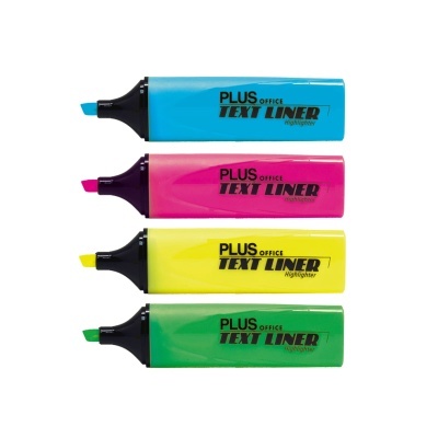 Quatro marcadores fluorescentes de cores azul, rosa, amarelo e verde com tampa preta alinhados horizontalmente.