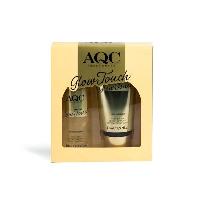 Conjunto AQC Fragrances Glow Touch com spray corporal e loção corporal em embalagem amarela