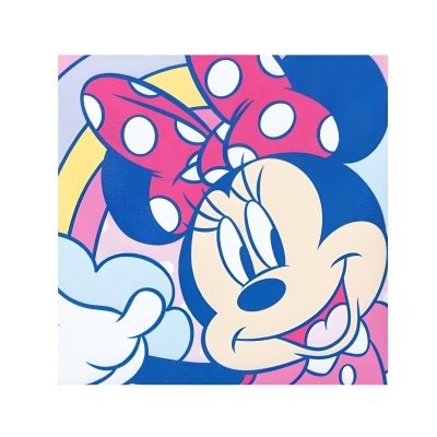 Ilustração colorida de Minnie Mouse com laço de pontos brancos.