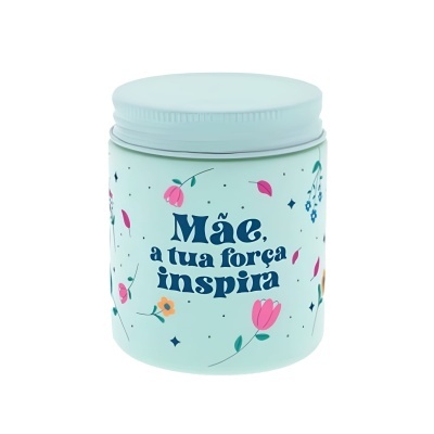 Frasco azul claro com tampa branca e texto inspirador e flores coloridas