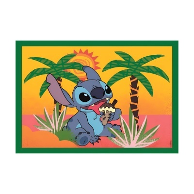 Tapete ilustrado com Stitch a comer gelado em cenário tropical colorido