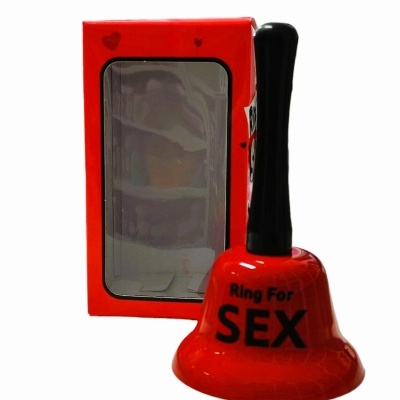 Sino de campainha vermelho com alça preta e texto 'Ring For SEX'.