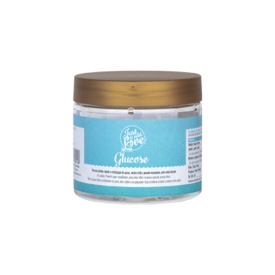 Pote transparente com tampa dourada e etiqueta azul com texto