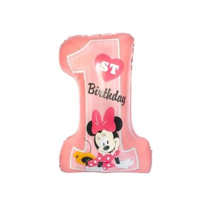 Balão rosa com número 1 e personagem Minnie Mouse para 1º aniversário