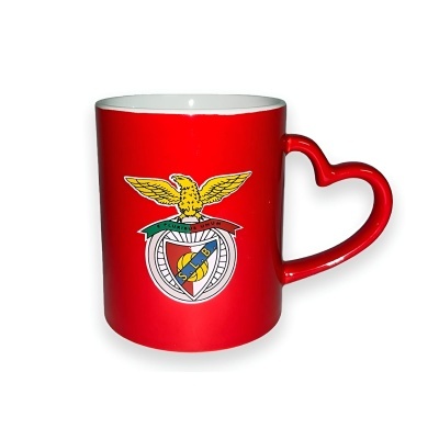Caneca vermelha com logótipo do SL Benfica e alça em forma de coração