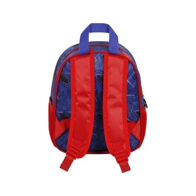 Mochila infantil azul com padrão preto e alças vermelhas