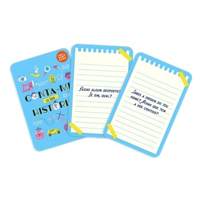 Cartas azuis de jogo 'Conta-me a tua história' com perguntas escritas em português, com fundo branco e ícones coloridos.