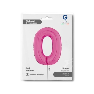 Bexiga em forma do número 0 fúcsia em embalagem branca com texto e selo Made in Italy