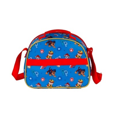 Mala infantil azul com padrão de desenho animado e alças vermelhas