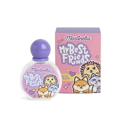 Perfume infantil Martinelia My Best Friend com frasco redondo transparente e tampa roxa, com ilustrações de animais e caixa rosa