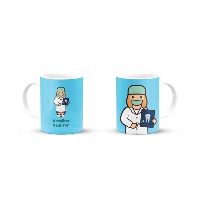 Caneca branca com ilustração de dentista e texto 'A melhor Dentista!'