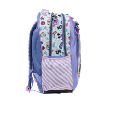 Mochila escolar lilás com estampas coloridas e riscas rosa e branco na lateral
