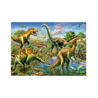 Ilustração colorida de vários dinossauros em paisagem natural com vulcão ativo ao fundo