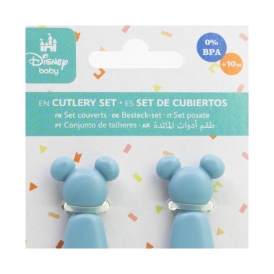 Conjunto de talheres Disney baby azul com orelhas de rato e embalagem colorida