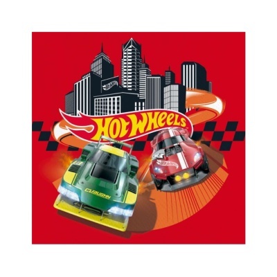 Dois carrinhos Hot Wheels em corrida num fundo vermelho com prédios desenhados.