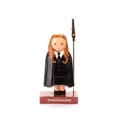 Figura de engenheira decorativa com base vermelha e clip metálico