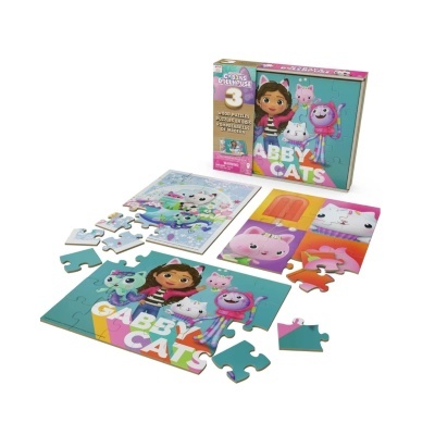 Caixa de puzzles de madeira e puzzles com personagens e gatos coloridos