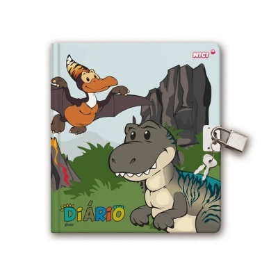 Caderno diário com capa ilustrada de dinossauros e fechadura