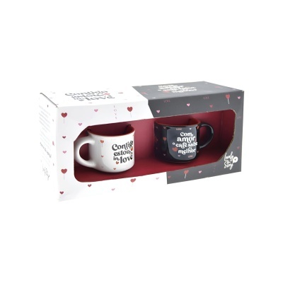 Conjunto de duas canecas em caixa de oferta, branca e preta com citações românticas