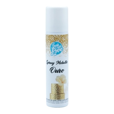 Spray metálico ouro com tampa branca e rótulo decorado
