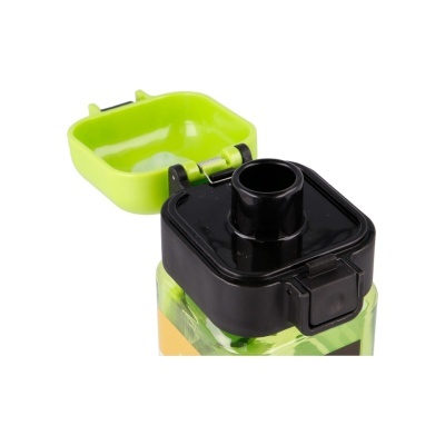 Frasco plástico com tampa preta e tampa verde aberta.