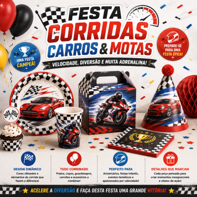 Conjunto de decoração para festa com tema de corrida com pratos, copos, chapéu, caixa e guardanapos.