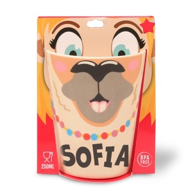 Copo infantil reutilizável com nome Sofia e design de animal sorridente
