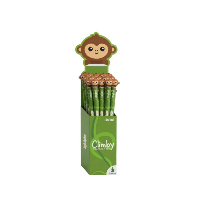 Canetas apagáveis verdes com tampa macaco em expositor verde.