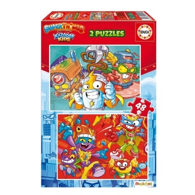 Caixa de dois puzzles SuperZings e Kazoom Kids com 48 peças cada