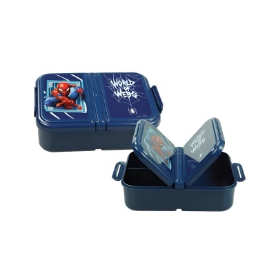 Caixa de lanche azul com imagem do Homem-Aranha e texto World Web