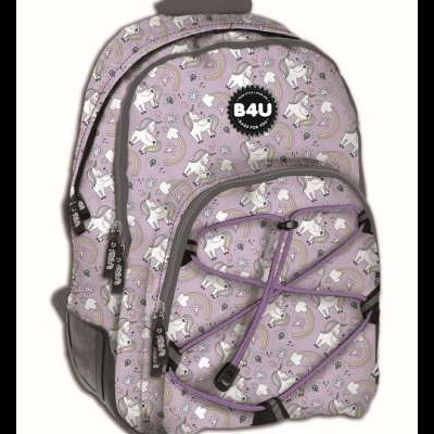 Mochila rosa com padrão de unicórnios e vários compartimentos